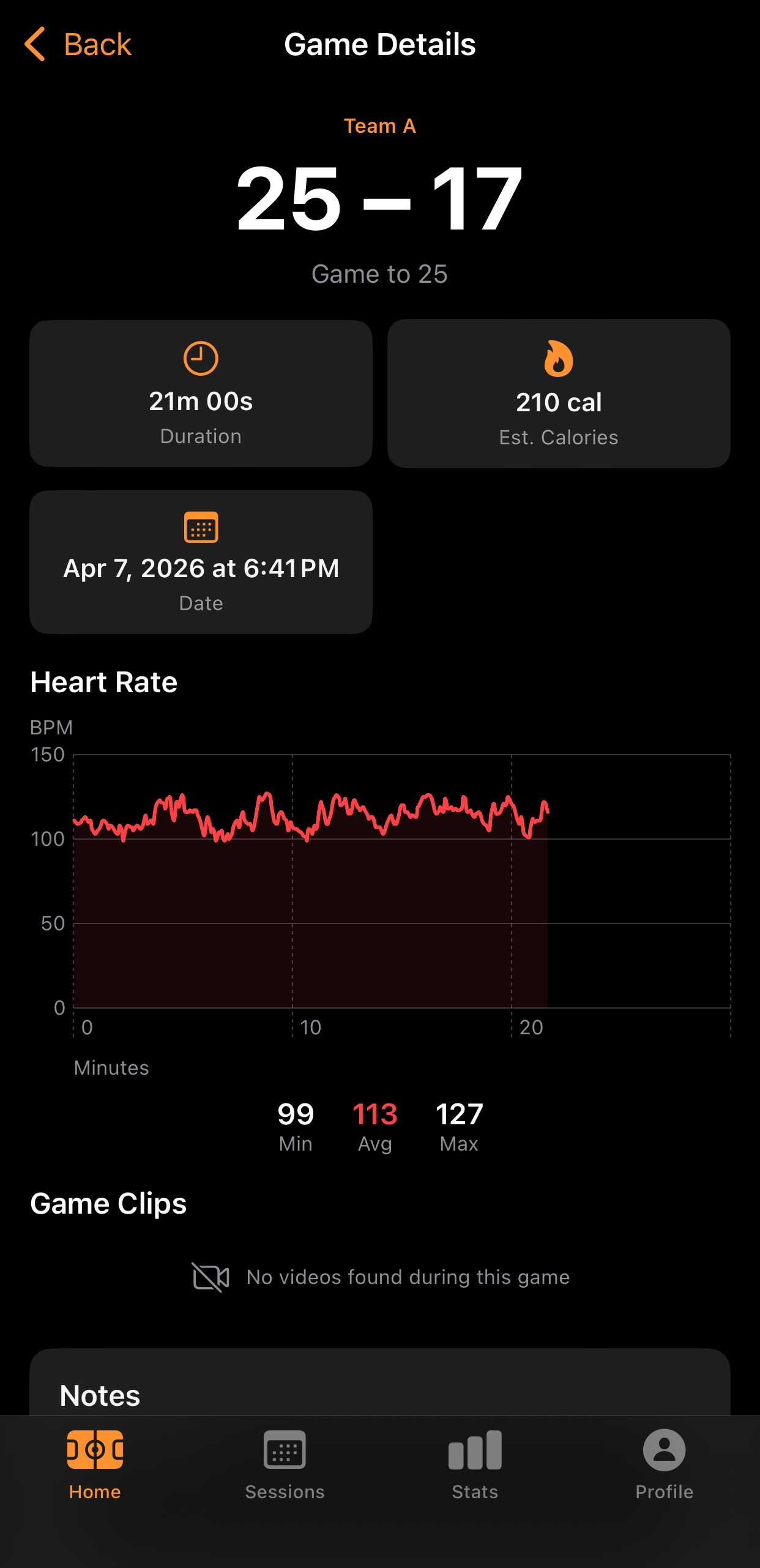 Game details showing 25-17 win, heart rate chart (99 min, 113 avg, 127 max BPM), 21 minutes, 210 calories