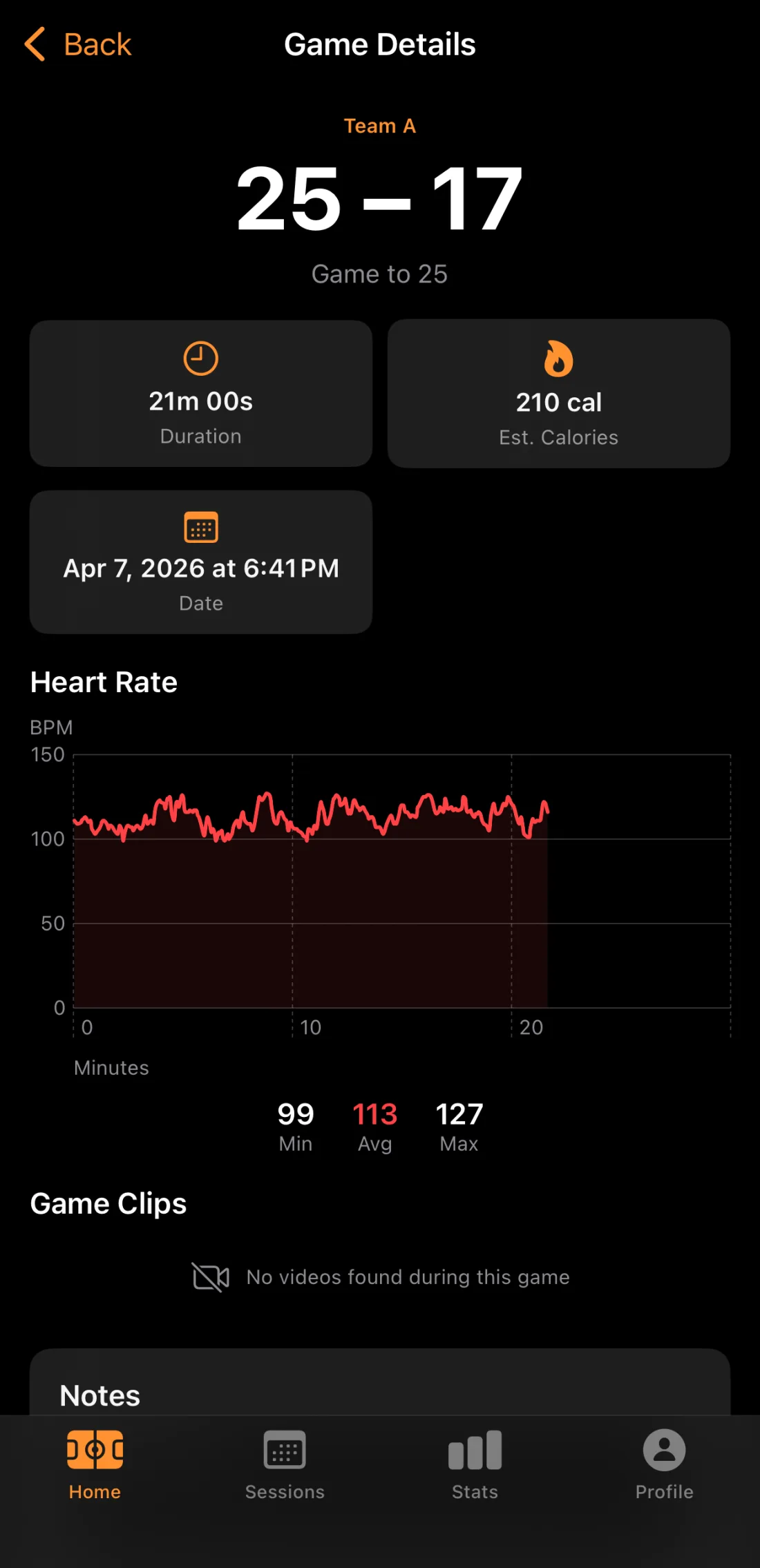 Game details showing 25-17 win, heart rate chart (99 min, 113 avg, 127 max BPM), 21 minutes, 210 calories